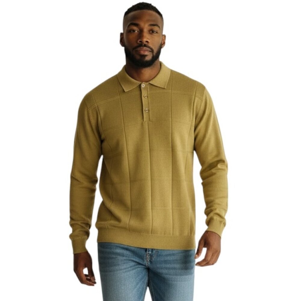 Le Monde Men’s Henley Sweater 3XL Tan Collared 1/4 Button Grid Long Sleeve NWT